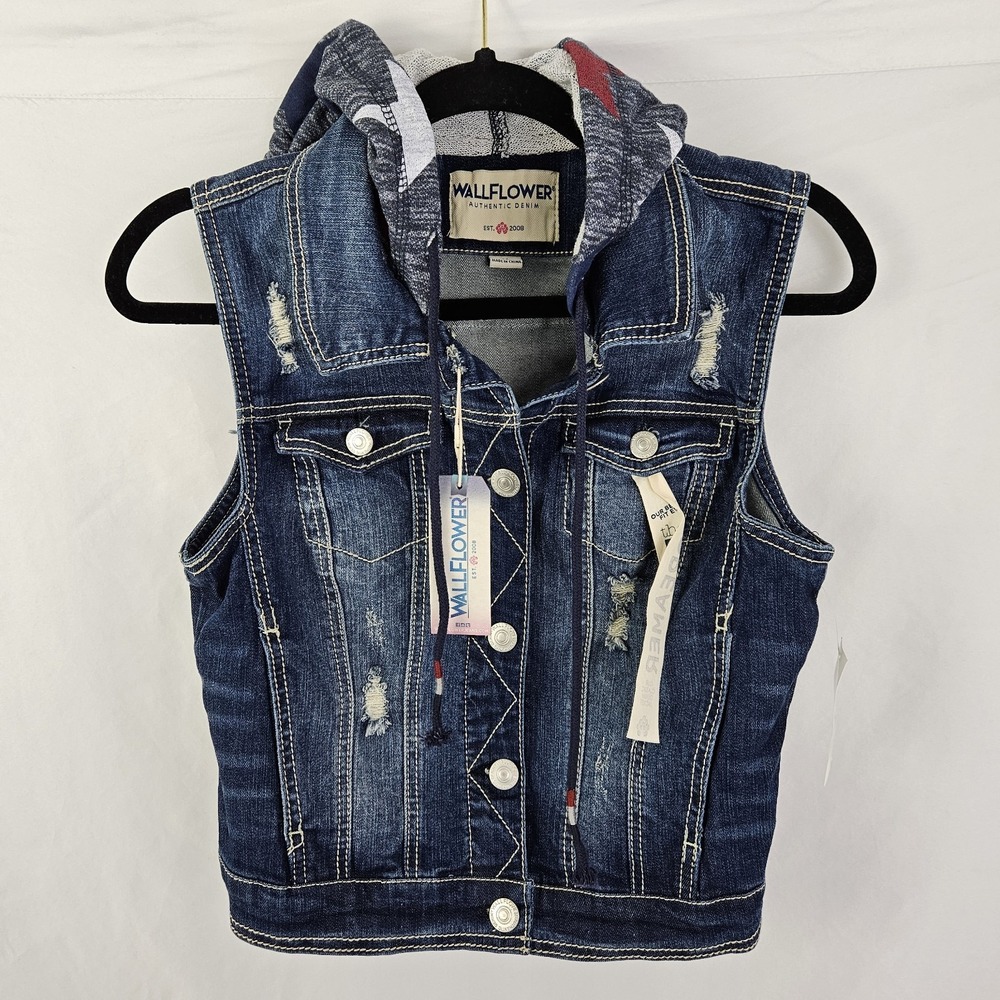 WallFlower Blue Denim Jean Vest with Hood Womens Medium Stars Distressed